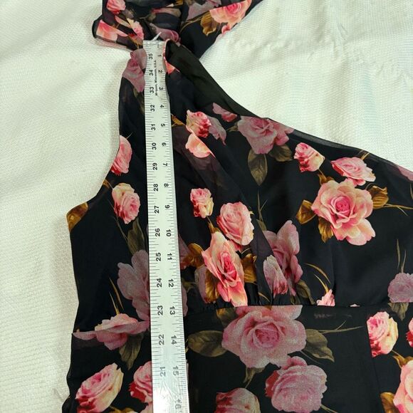 Double Crazy Black Pink Rose One Shoulder High Slit Sexy Cocktail Dress Sz L - Picture 6 of 12